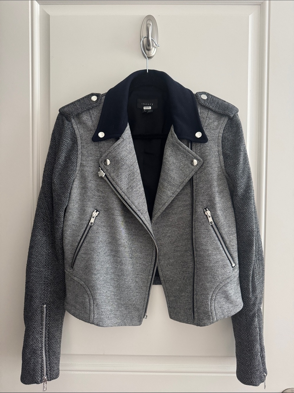Theory Two-Tone Gray Moto Jacket with Dark Collar